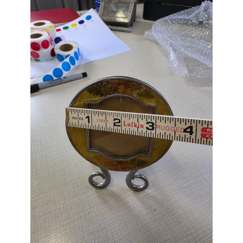 Vintage Yellow Enamel Pressed Flower Round Picture Frames Set of 2 Made in USA